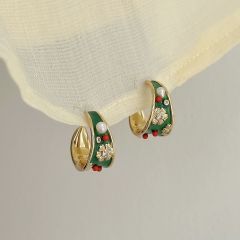 新款绿色珐琅水晶2024耳钉耳环耳饰复古设计气质高级耳扣耳圈